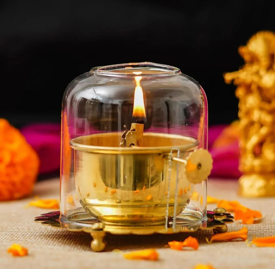Akhand Diya Lamp with Adjustable wick & Glass